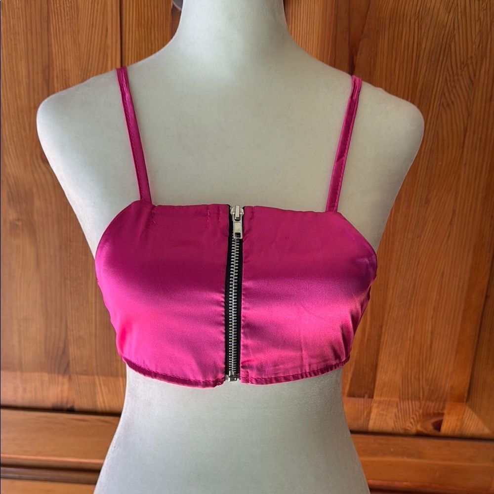Pretty Little Thing Pink Satin Crop Top with Zipper. Size 2.